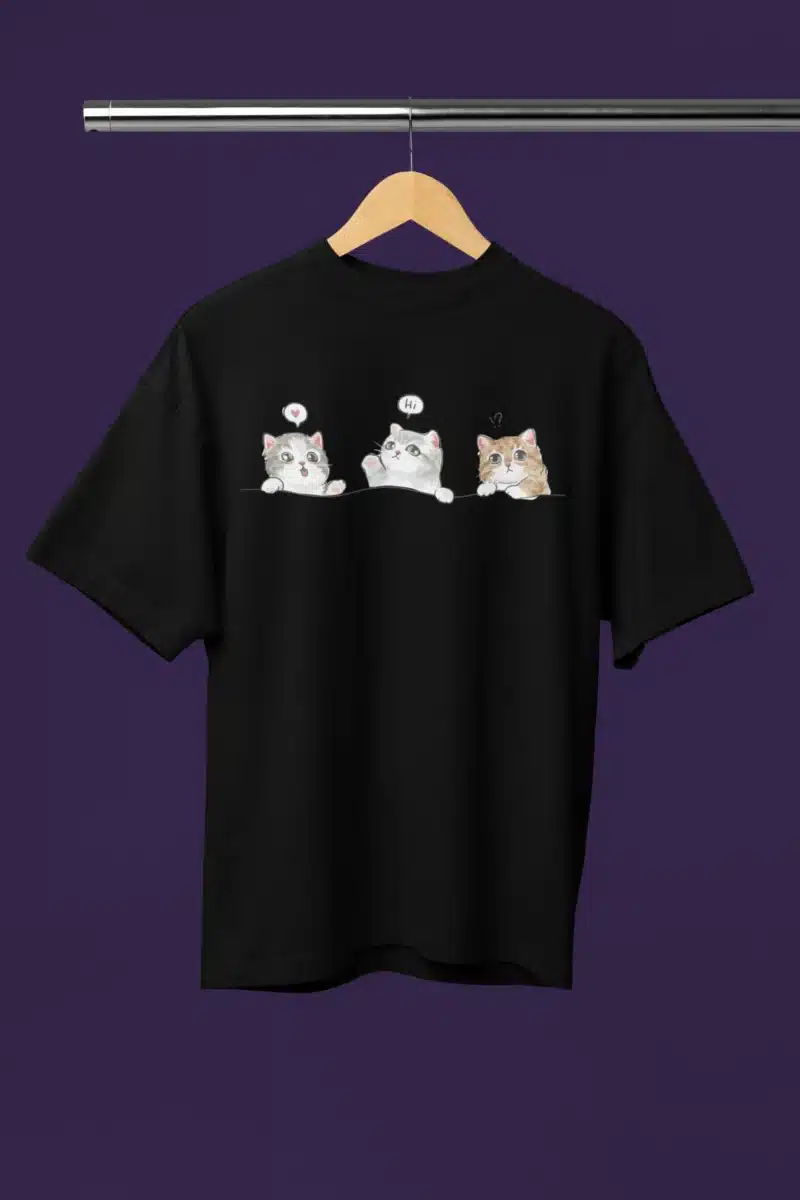 Women' Black Oversized T-Shirt - Cute Kitties