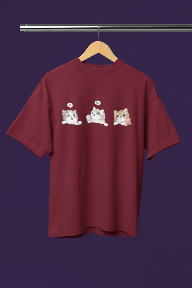 Women's Burgandy Oversized T-Shirt - Cute Kitties