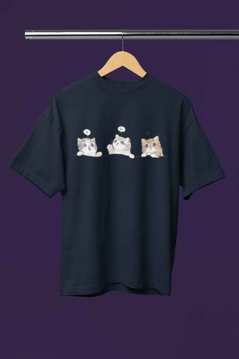 Women's Navy Blue Oversized T-Shirt - Cute Kitties