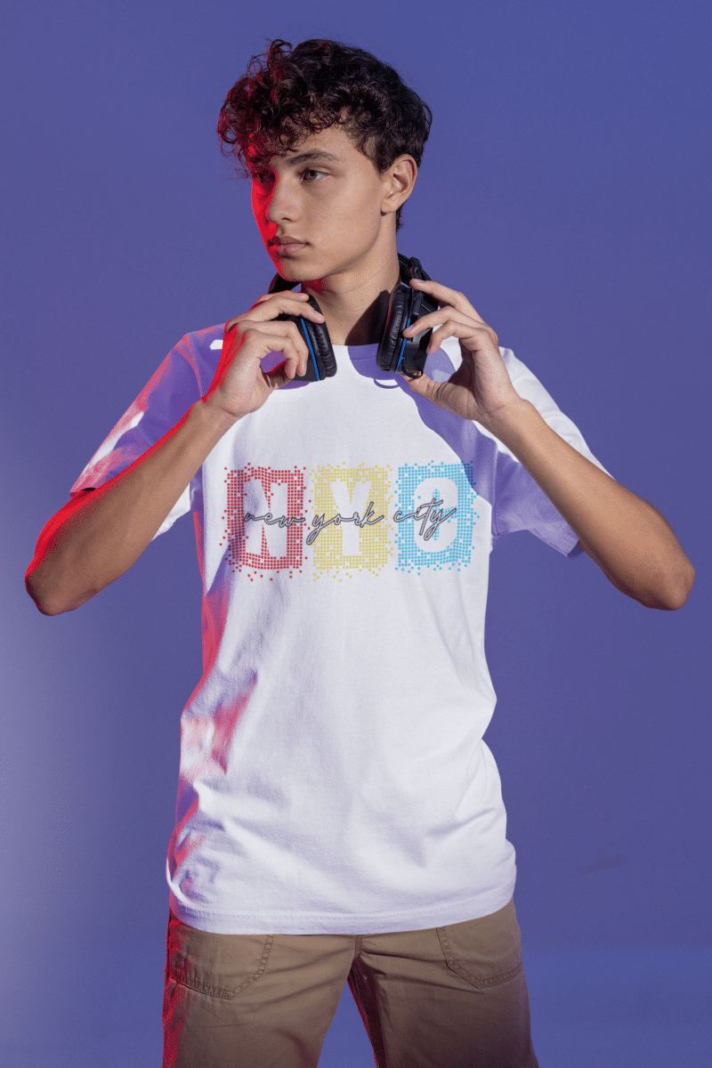 t shirt mockup of a serious gamer about to put on some headphones m28451
